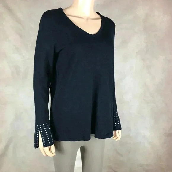 JM COLLECTION Studded Cuff V-neck Sweater NEW Size Small - Picture 1 of 12